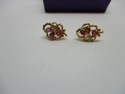 .81ct Natural Ruby Diamonds Cluster Earrings 14K Yellow Gold - Picture 5 of 7