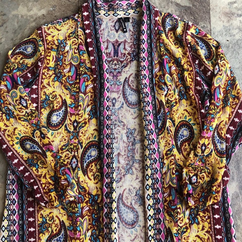 Cárdigan/suéter delantero abierto multicolor con estampado de cachemira boho para mujer - talla L Foto 4 de 4