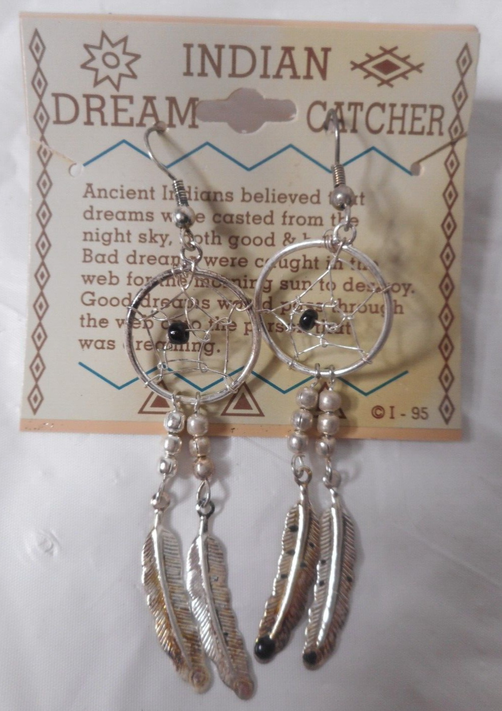 Dream Catcher Earrings Silver Tone Black Bead Feather Pierced Vintage Web (READ)