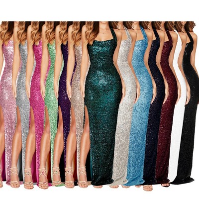 Glamouröses Damen ärmelloses Pailletten Schlitz Kleid für Abend Feiern
