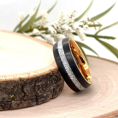 8MM Black & Rose Gold Tungsten Ring Silver Meteorite Inlay Christmas Gifts Band