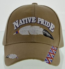 NEW NATIVE PRIDE INDIAN MIDDLE BIG FEATHER CAP HAT TAN