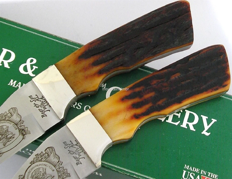 Cuchillo Bear & Son EE. UU. RARO AÑO 2000 NAHC Heritage Guthook hoja fija hueso de ciervo Foto 3 de 4