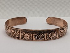 Copper Tibetan Cuff Bracelet. Hand Carved Auspicious Symbols Design. Unisex.