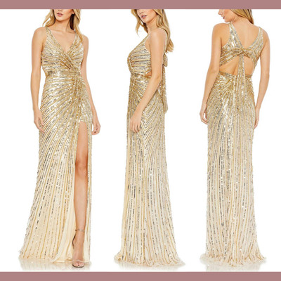 NWT Mac Duggal [ 2 ] 5685 Bow Back Sequined Faux Wrap Sleeveless Gown Gold S933