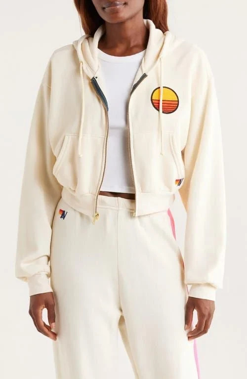 AVIATOR NATION SUNSET PATCH RELAXED CROPPED ZIP HOODIE VINTAGE WHITE SZ L $189