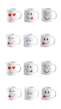 White Ceramic Mugs Set x12 Emoji Smiley Face Coffee Tea Cup Kitchen Office Gift
