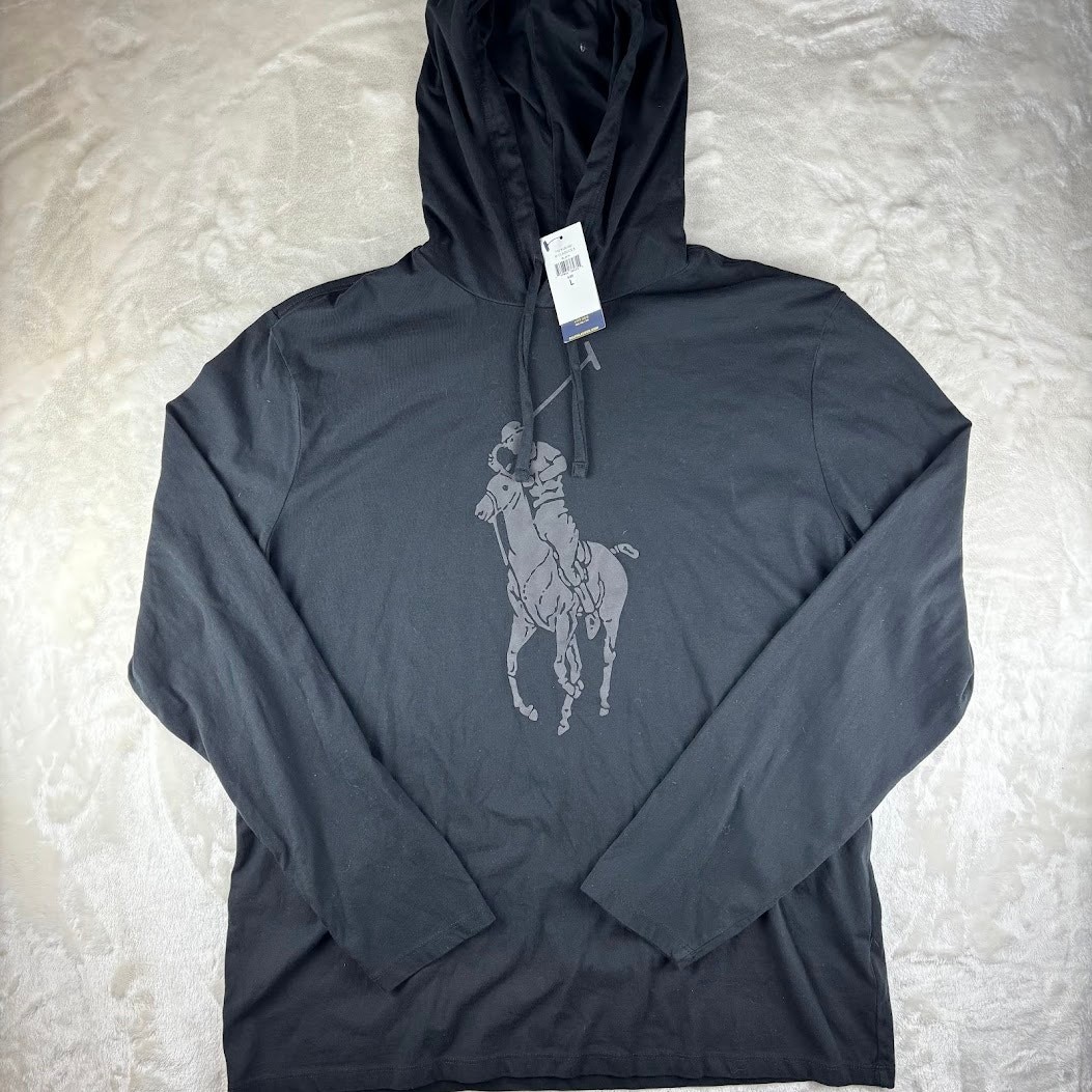 Polo Ralph Lauren Felpa con Cappuccio Uomo Pullover Grande Sottile Big Pony Nero su Nero Logo