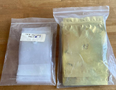 Lot of Coffee & Food Packaging Bags - 1/4 lb Clear Valve Bags & Gold Ziplock