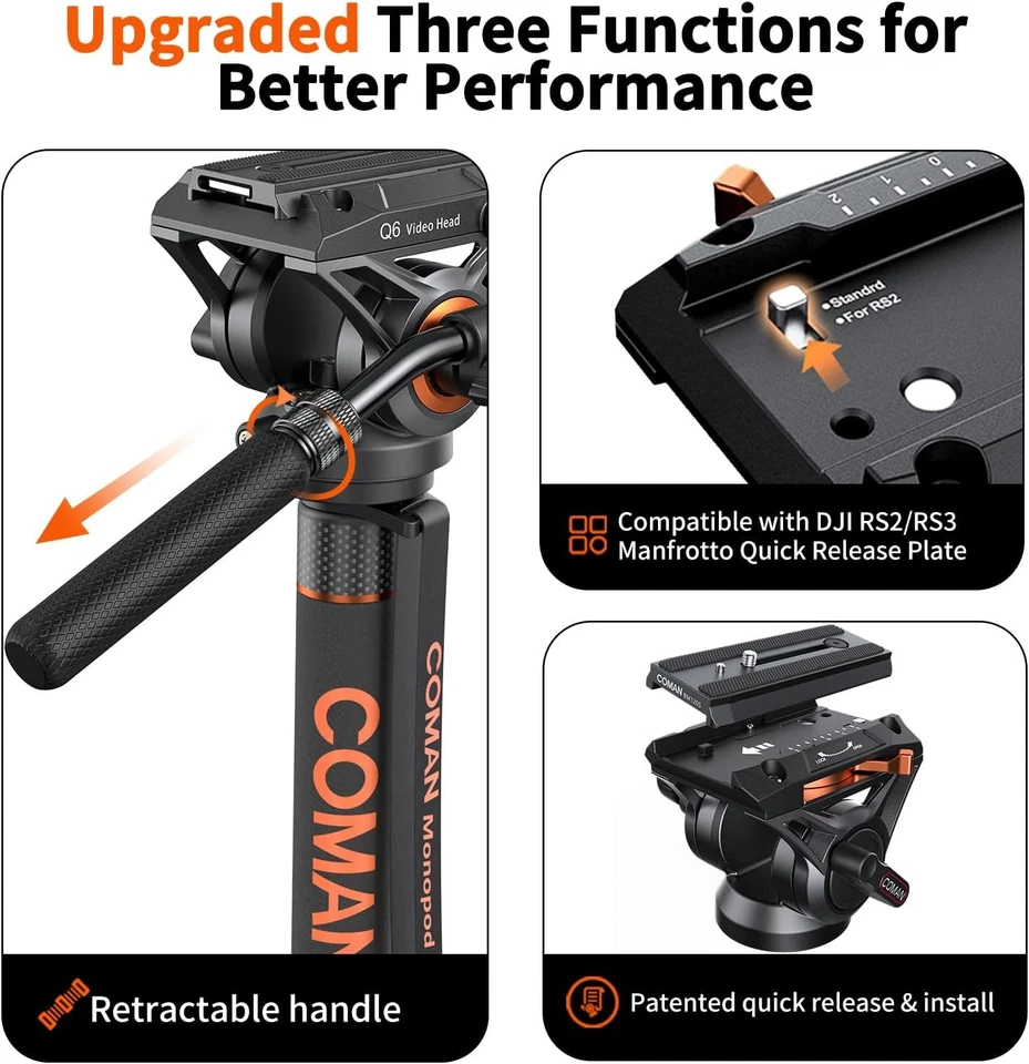 COMAN Camera Monopod with Tripod Feet Q6 Fluid Head 70.6" Max 22lbs #R048 - Image 2 of 4