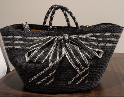 Eric Javits White Striped Woven Straw Bow Accent Double Handles Zip Large Tote