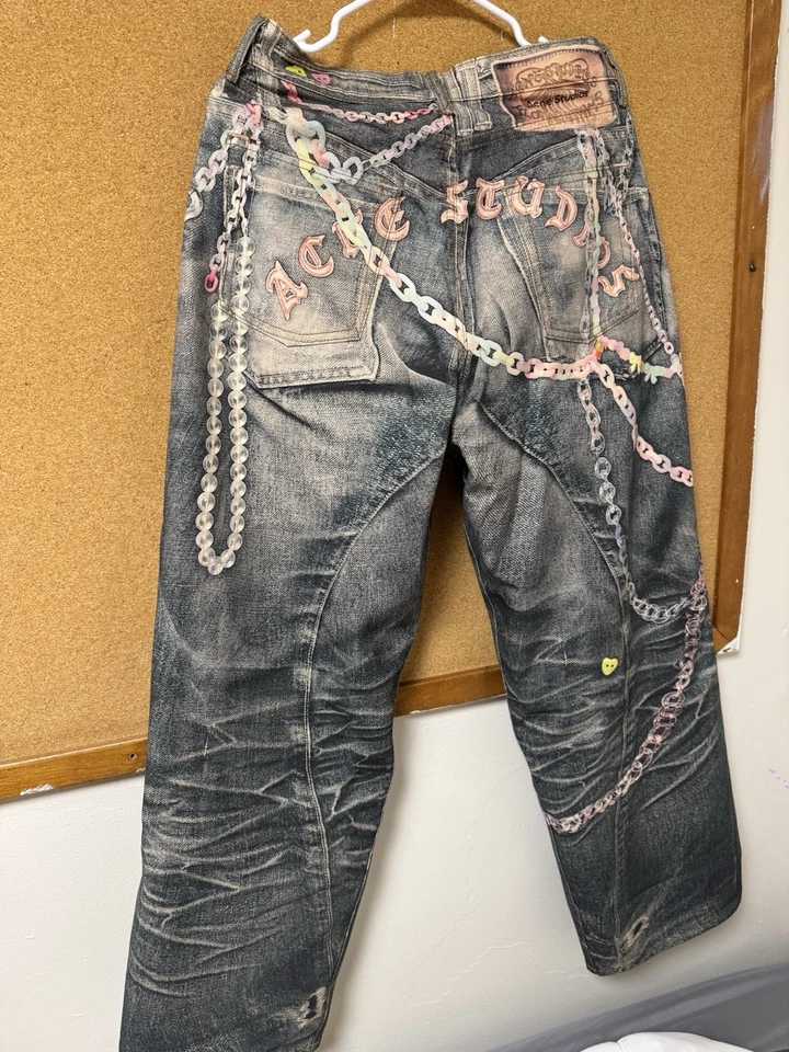 Pantalones de mezclilla Acne Studios estampados cadenas florales gráficos talla 46 auténticos Foto 2 de 4