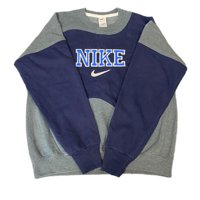 Nike Reworked Sweatshirt Herren S Navy Grau Bestickt Spellout Logo Vintage Y2K