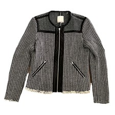 Rebecca Taylor Cotton-Wool B W Tweed Lamb Leather Trim Zip Jacket Blazer 10