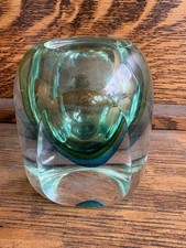 Murano Flavio Poli Sommerso Block Vase Faceted Turquoise Blue Green Heavy 4 1/2  