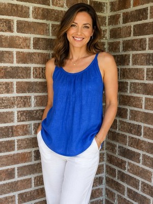 Halston Womens 100% Linen Tank Top Large Royal Blue Sleeveless Lightweight Flowy