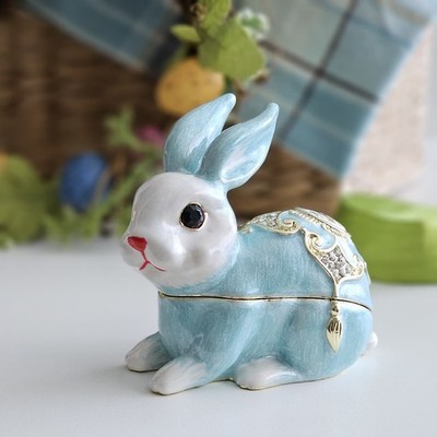Rabbit Jewelry Box Trinket   Enamel Rhinestone Metal Figurine Easter Gift   