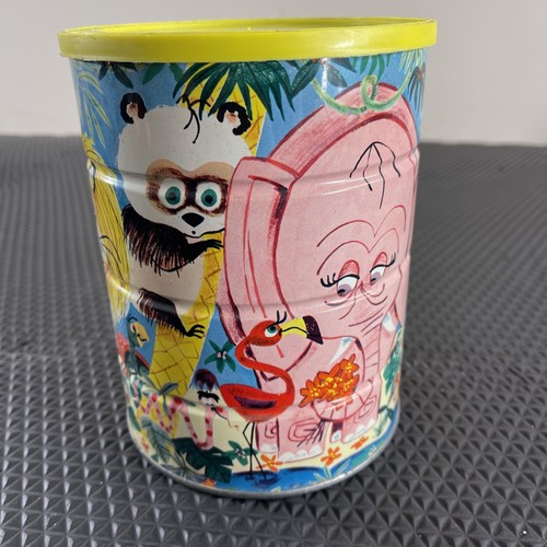 Vintage Folger's Tin Coffee Can Jungle Animals Zoo Pink Elephant Lion Monkeys