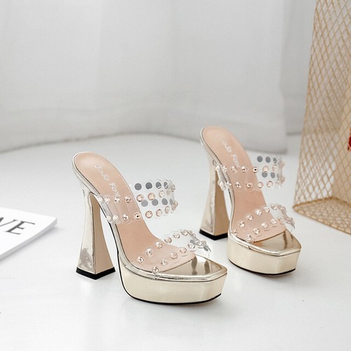 Womens Clear Rhinestone Slippers Block Heels Sandals Summer Sexy Open Toe Shoes - Picture 7 of 13