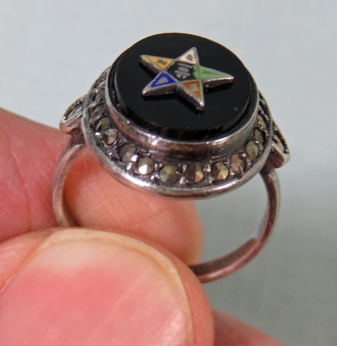 Vintage Sterlingsilber schwarzer Onyx Markasit Orden des östlichen Sterns Ring - Bild 4 von 7