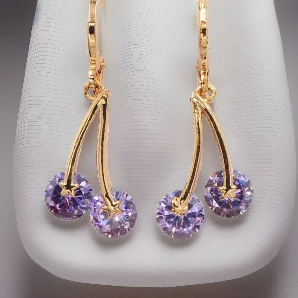 Минималистские серьги из золота 14 карат с лавандовым топазом и вишней ПРОДАВЕЦ ИЗ США - Изображение 3 из 4