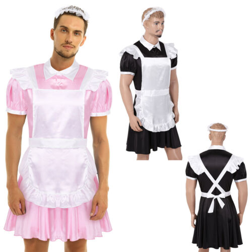 Mens Sissy Satin Maid Uniforms Crossdress Nightdress with Apron Headband Outfit - Picture 3 of 38