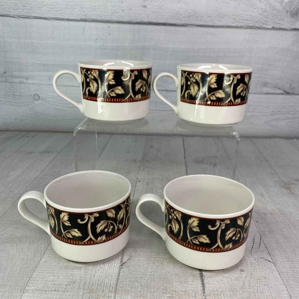 90's Sango SAVOY 8802 Royal Majestic Black Tan Stoneware 8 oz Flat Cups Set of 4 - Image 3 of 4