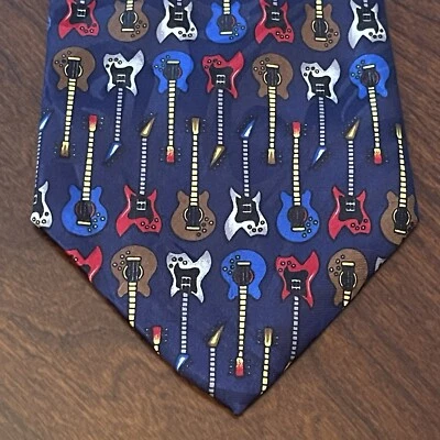 Vintage Steven Harris Blue Polyester Men’s Neck Tie Made In Korea guitar print - Image 1 of 4