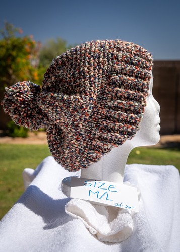 Hand-crochet beanie hat size M/L 22"-24" with matching pompom, earth tones