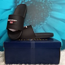 Image of Polo Ralph Lauren Polo Sports Logo Slides in Black, UK 5 EU 38 US 5.5