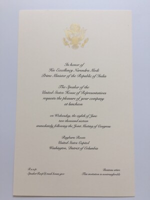 2016 Speaker Paul Ryan Luncheon Invitation India Prime Minister Narendra Modi