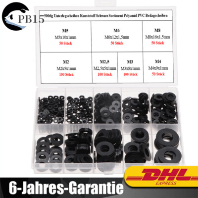 500X M2-M8 Schwarz Nylon Plastik Flache Unterlegscheiben Isolier Dichtungen Set