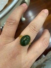 FLEXIBLE NEW HIGHEND*RARE*GORGEOUS LARGE GREEN JADE稀有天然和田玉碧玉 GOLDS925 RING