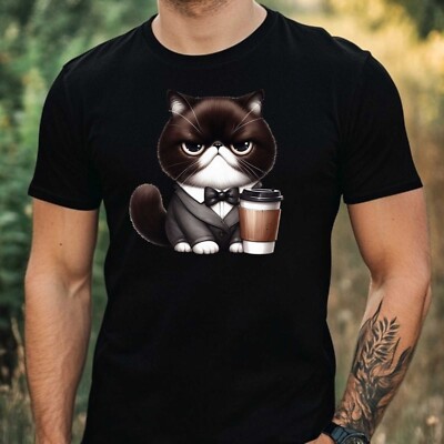 Herren T-Shirt Mürrische schwarze Katze Motiv Baumwolle Größe XS bis 5XL