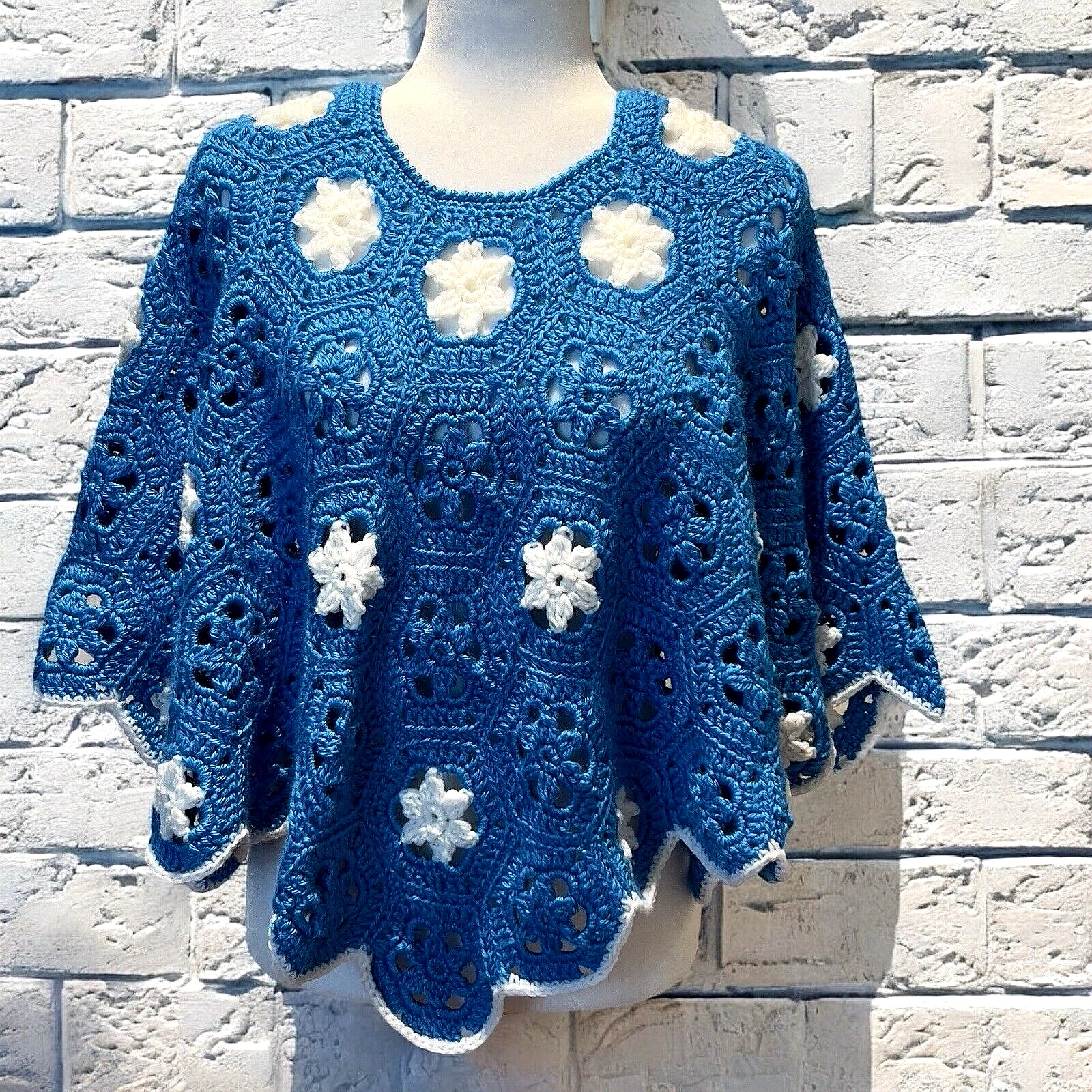Hand Crochet Poncho Electric Blue/White Flowers Shorter Length 20 In *One Size