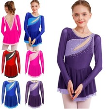 Girls Longsleeve Ice Skating Dress Glitter Sheer Mesh Ballet Dress Dancewear