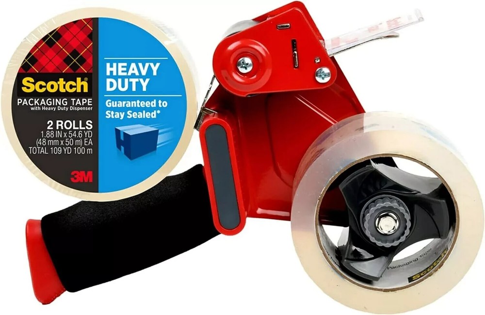 Scotch Heavy Duty Shipping/ Packaging Tape With Tape Gun Dispenser, 2 Rolls, NEW