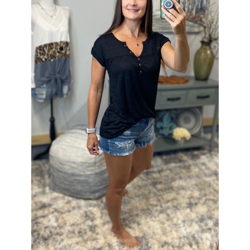 Sheer Top Womens Medium Black Burnout V Neck Henley V Neck Short Tab Sleeve - Picture 6 of 11