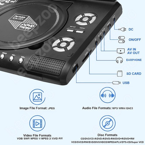DVD Player Portable 12V CD/ DVD/ DVD/ VCD All Region Support Swivel Screen Small - Picture 2 of 12
