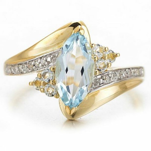Cocktail Size 6-10 Womens Blue Aquamarine Yellow Gold Filled Wedding Ring - Picture 3 of 4