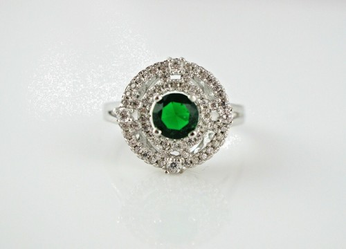 925 Sterling Silver Green & White CZ Cluster Ring - Size N 1/2 - Picture 3 of 4
