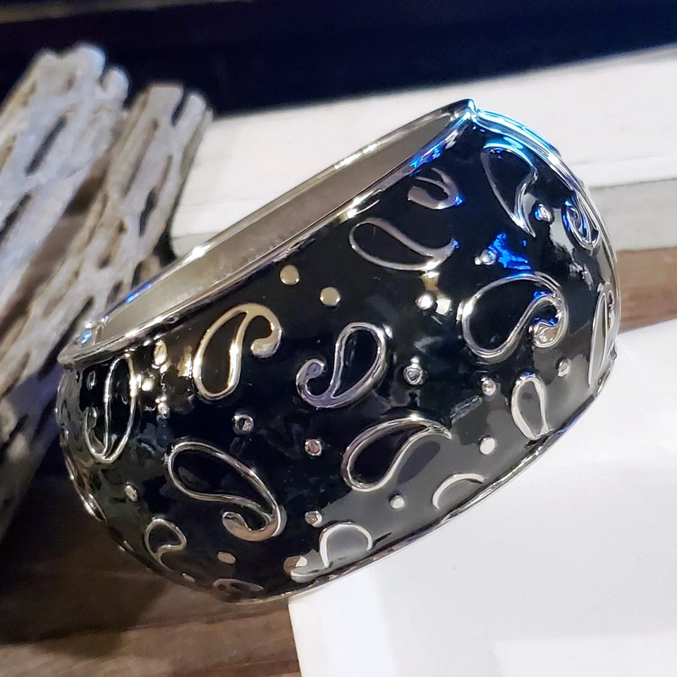 Ретро пейсли эмалированный черный серебряный коренастый широкий шарнирный браслет - Изображение 2 из 4