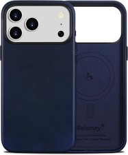 Handcrafted Full-Grain Vegetable-Tanned Leather Case for iPhone 17 Pro, Navy Blu