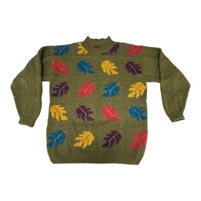 Vintage Mark Shale Large Wool Olive Green Autumn Fall Leaves AOP Sweater