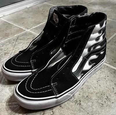Vans High Top Sk8 Shoes Black & White Flame Men 7 Women 8.5 Excellent Condition