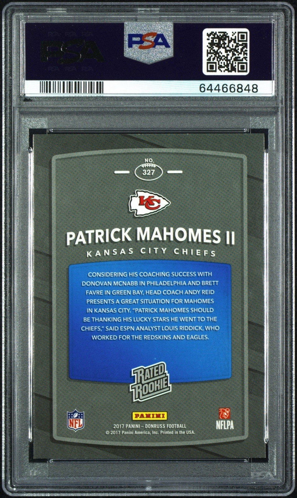 2017 Panini Donruss Rated Rookie Patrick Mahomes II #327 (RC) Psa 9 view 2