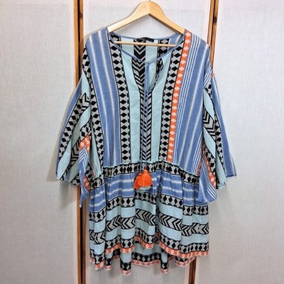 Devotion Twins Dress Medium M Blue Orange Geometric Greek Tiered Boho Summer/04Y