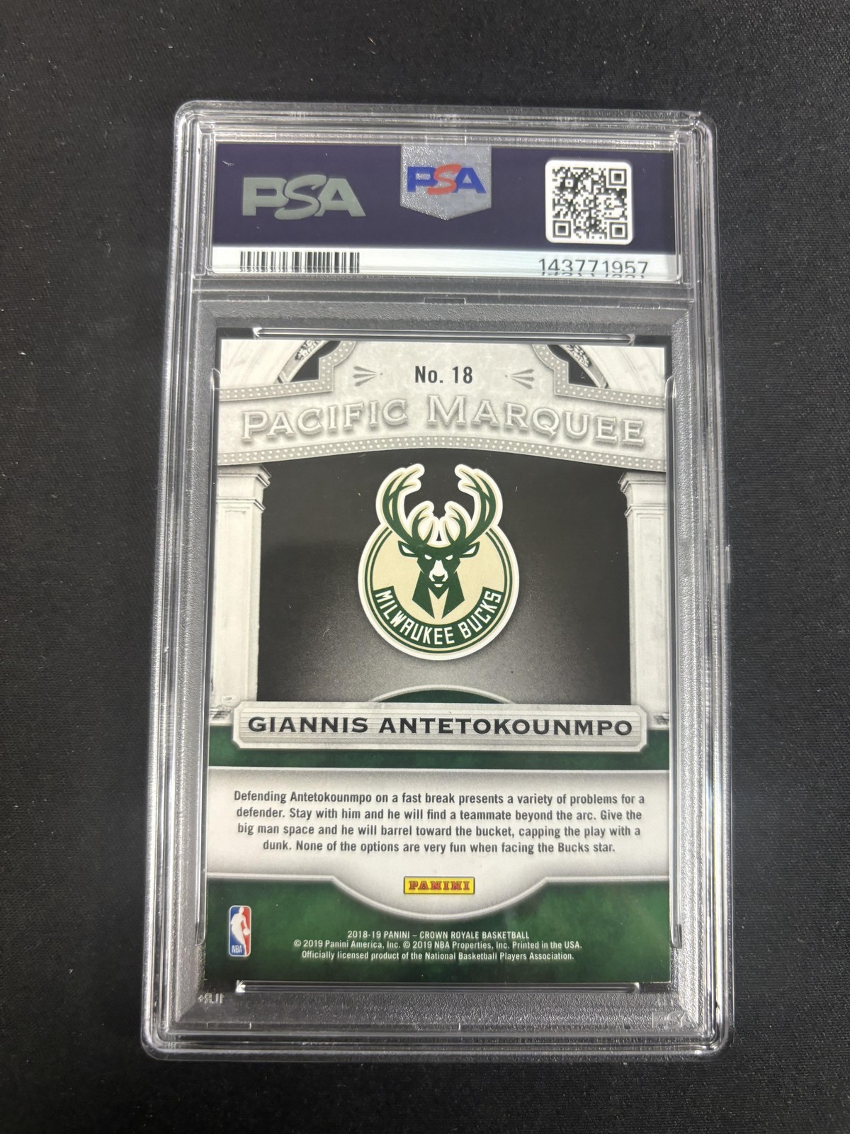 2018-19 Crown Royale Pacific Marquee Giannis Antetokounmpo #18 Bucks PSA 8 view 2