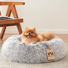 20in Round Calming Dog Cat Bed Light Gray Washable Anti-Slip