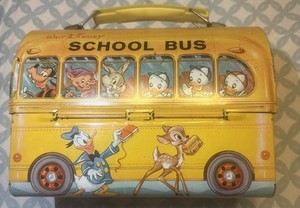 Vintage Walt Disney School Bus Metal Dome Lunchbox with thermos 